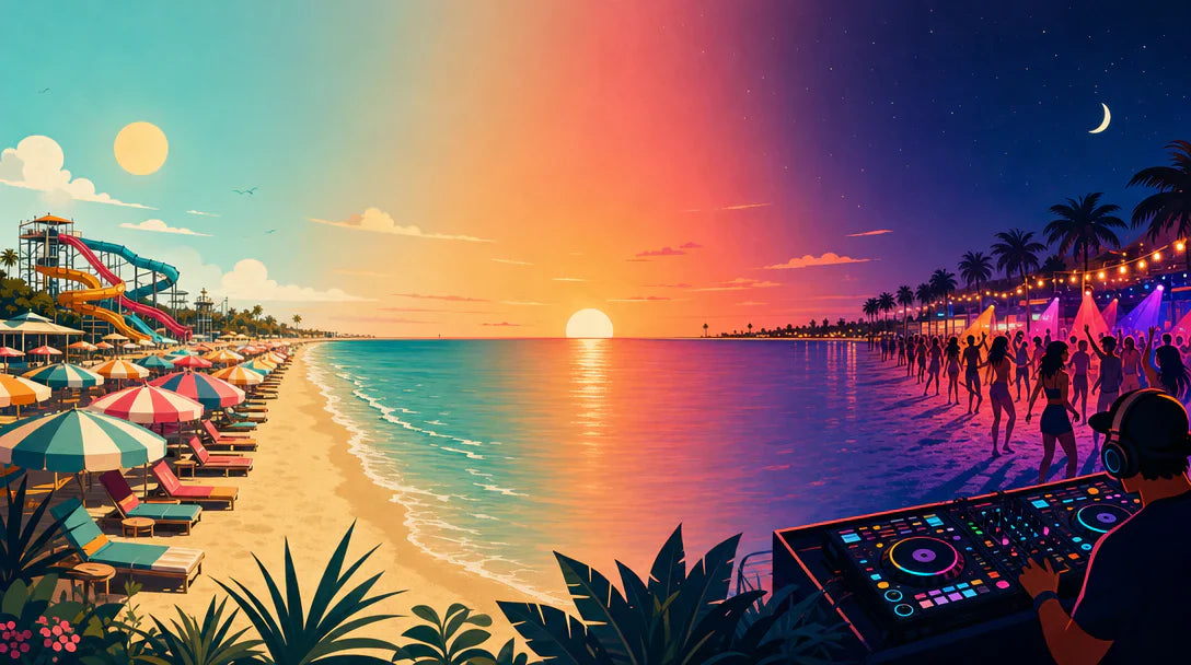 Illustrazione dal giorno alla notte con spiaggia, acquapark e dj set in Riviera Romagnola