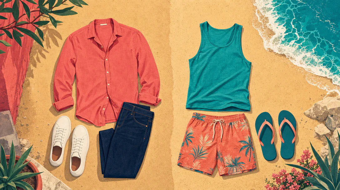 Illustrazione a confronto tra outfit da discoteca e abbigliamento da spiaggia