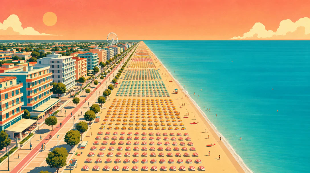 Illustrazione della costa romagnola con la spiaggia e gli ombrelloni tra Riccione e Rimini