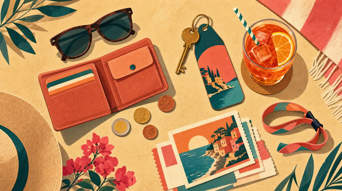 Illustrazione con portafoglio, monete, chiave d'hotel e drink per il budget di una vacanza a Riccione