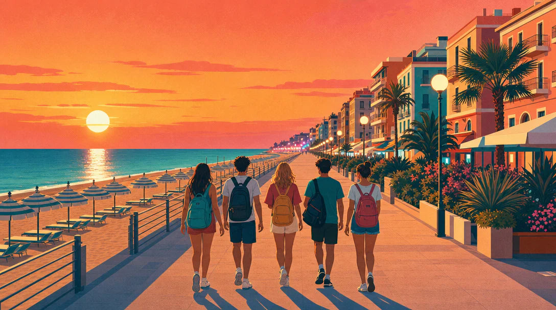 Illustrazione di un gruppo di amici che cammina sul lungomare di Riccione al tramonto