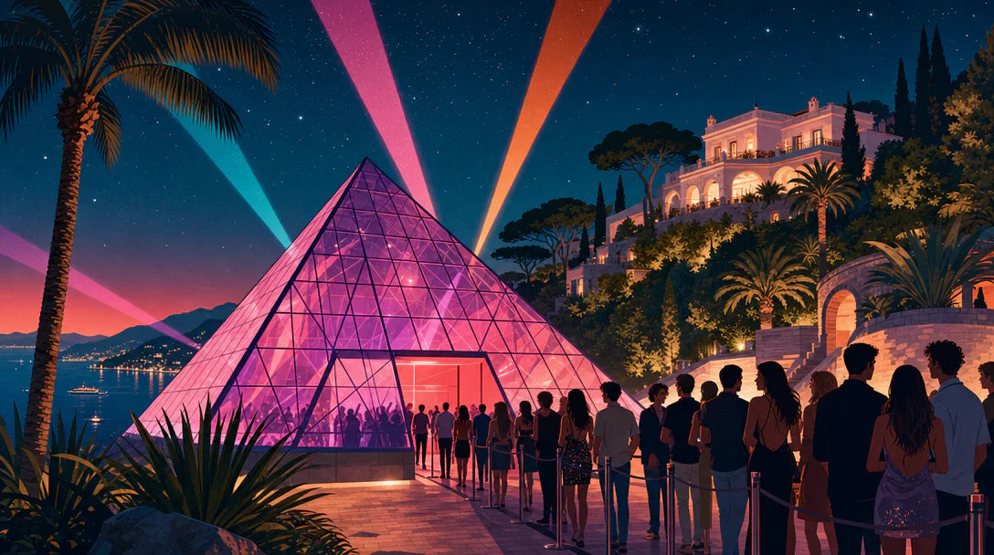 Illustrazione di una discoteca a piramide con fasci di luce e la fila all'ingresso, villa illuminata sullo sfondo.
